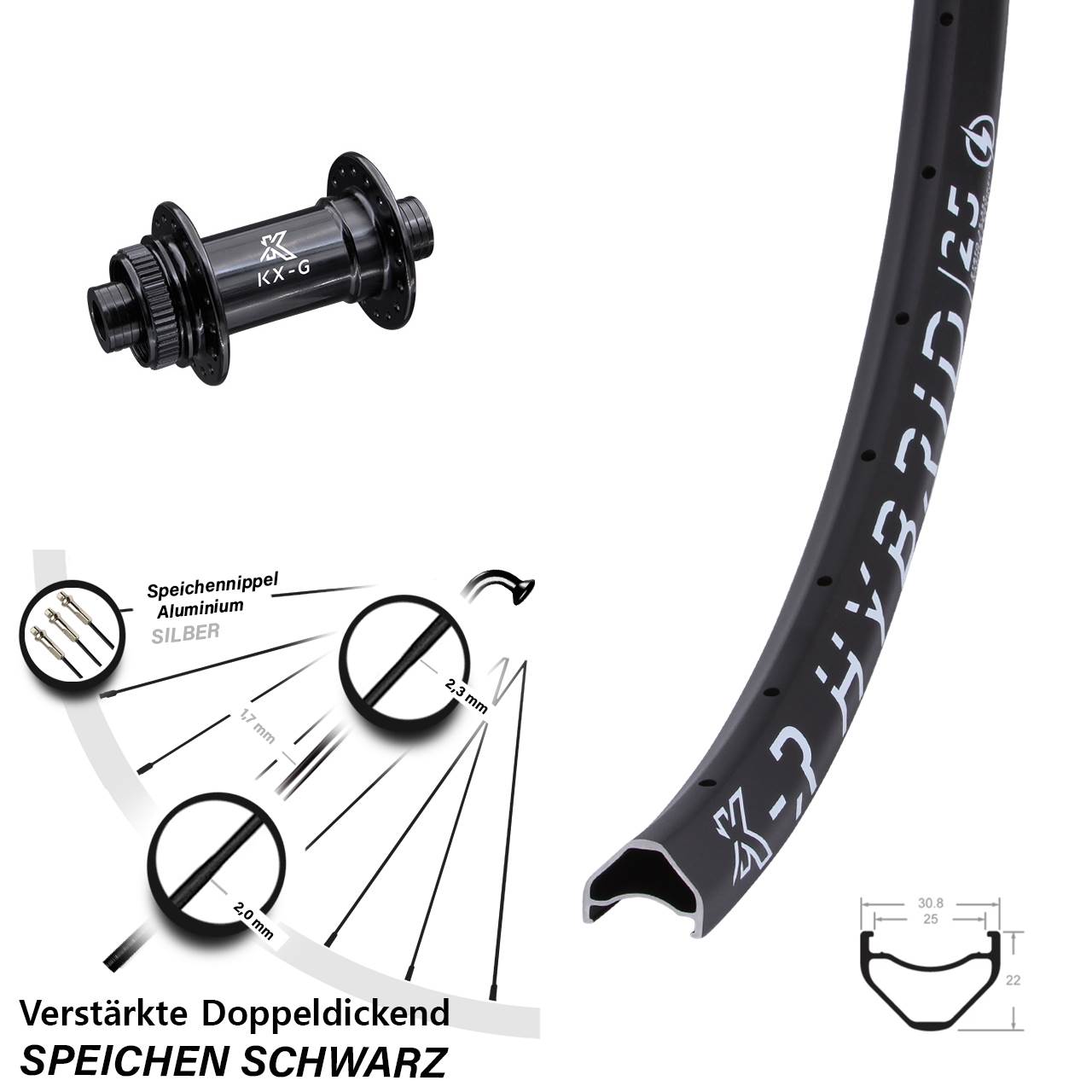 29 Zoll KX-R Hybrid 25 schwarz Steckachse Vorderrad Centerlock 15x100