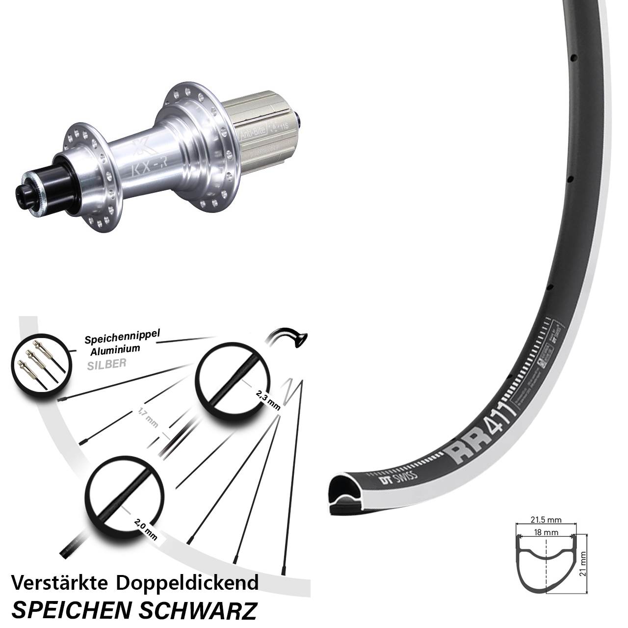 Hinterrad 28 Zoll DT Swiss RR 411 OS KX R 8-12 fach HG QR