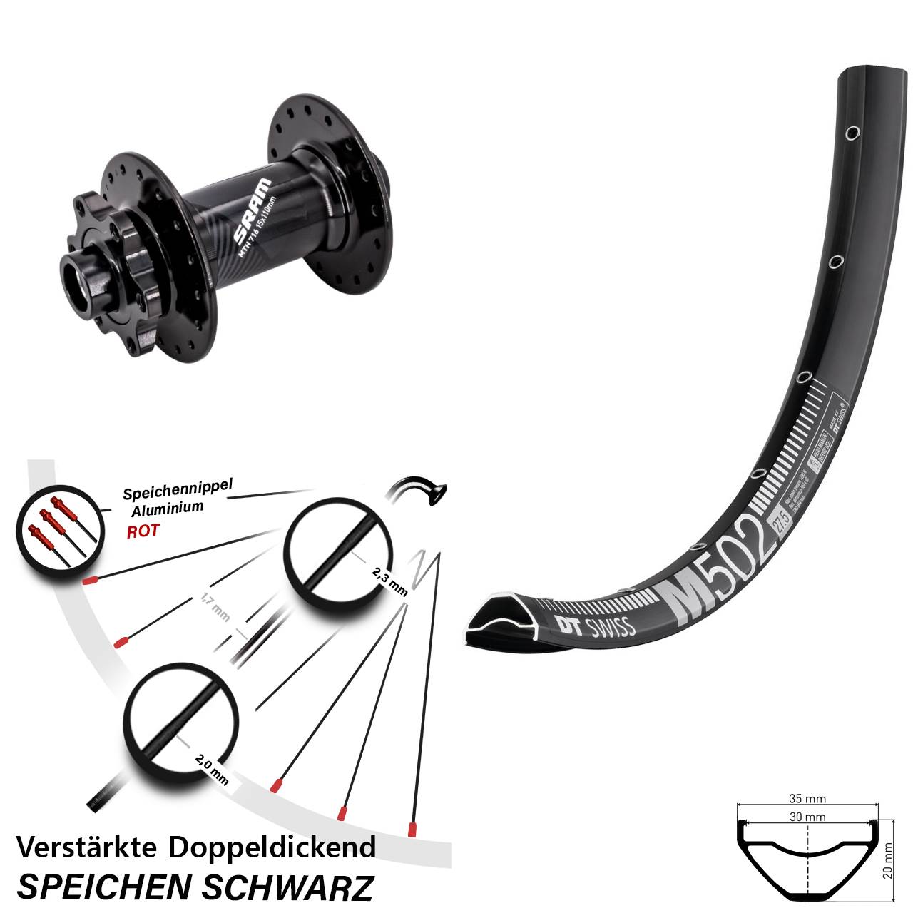 DT Swiss M502 Sram 716 27,5 Zoll 6-Loch Vorderrad 15x110 Boost