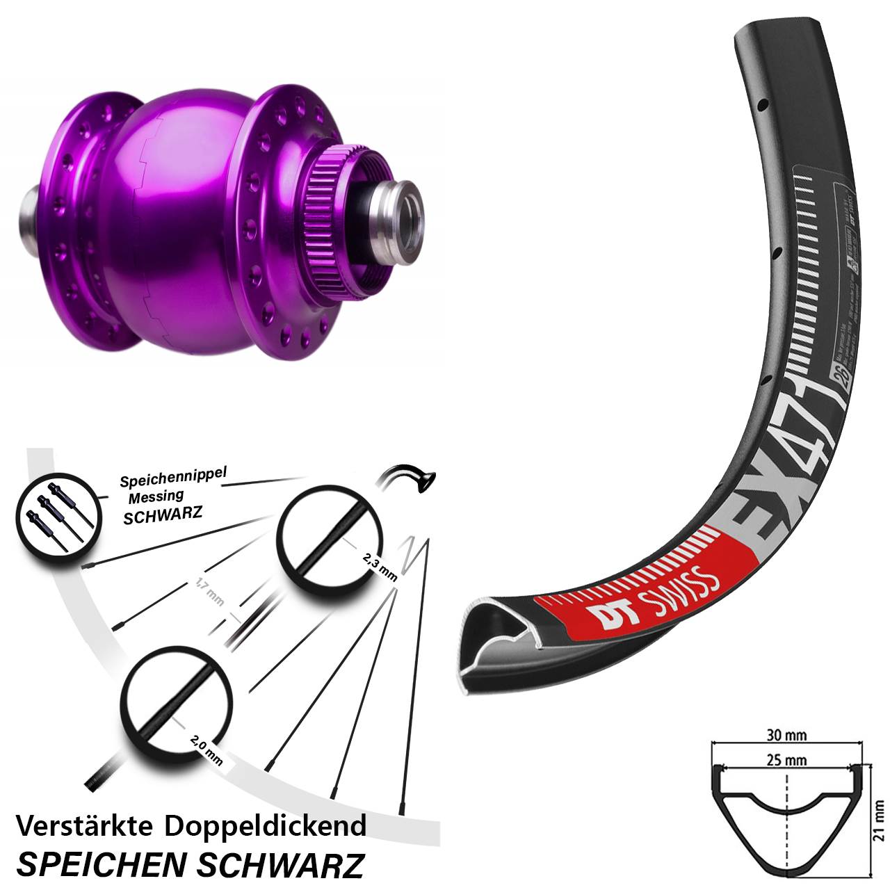 Disc Nabendynamo-Laufrad 27,5 Zoll DT Swiss EX 471 SON 28 violett 12x100