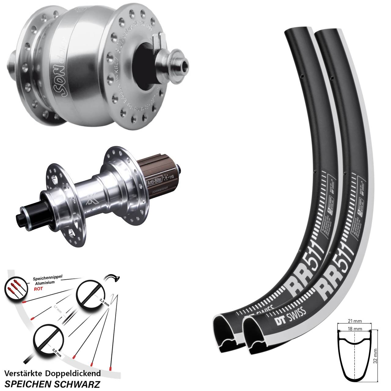 Laufradsatz für Schnellspanner 28 Zoll DT Swiss RR 511 KX-T SON delux 8-12 fach HG