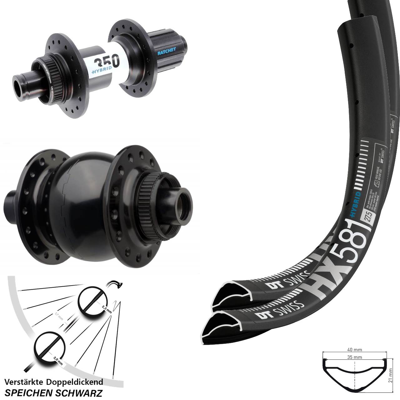 27,5 Zoll DT Swiss HX581 SON 28 350 Hybrid HG Disc Laufradsatz 15x110/148