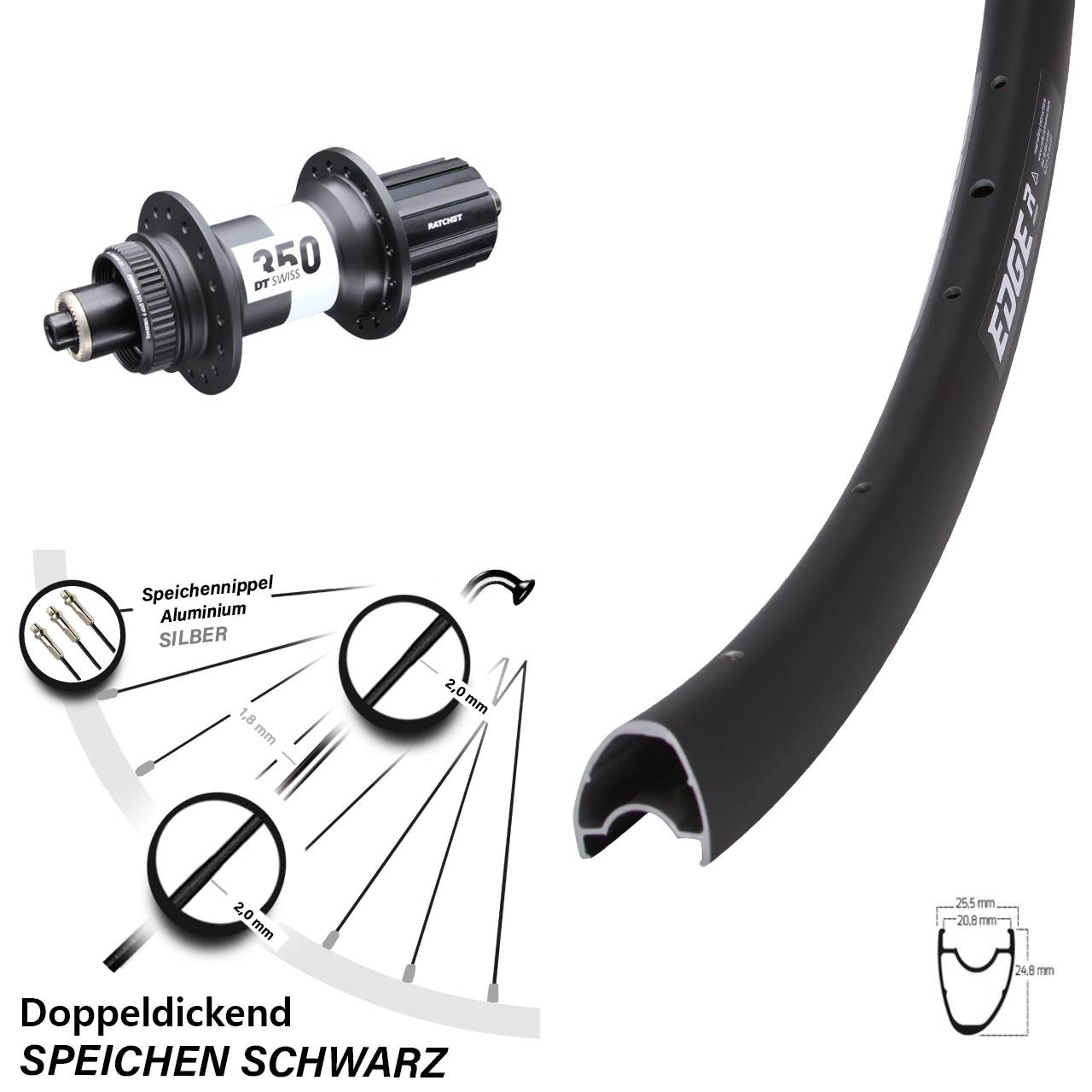 Ryde Edge R25 OS Disc Hinterrad 28 Zoll DT Swiss 350 Centerlock 5x135 mm Road 11-fach