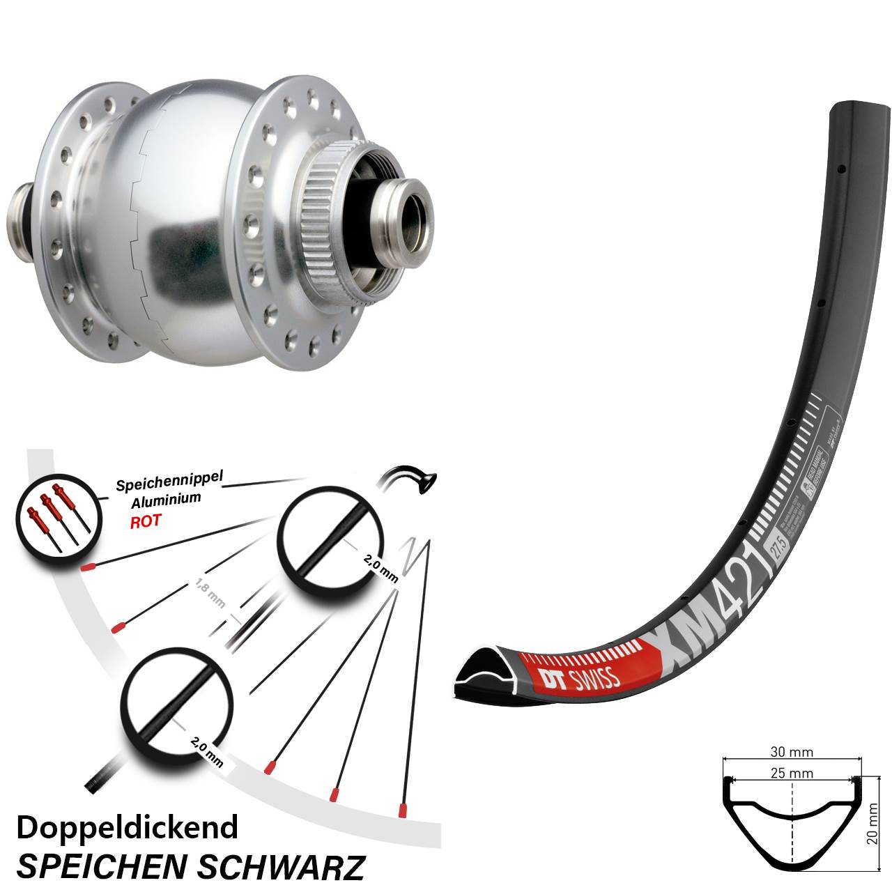 Nabendynamovorderrad Centerlock 12x100 27,5 Zoll DT Swiss XM421 SON delux