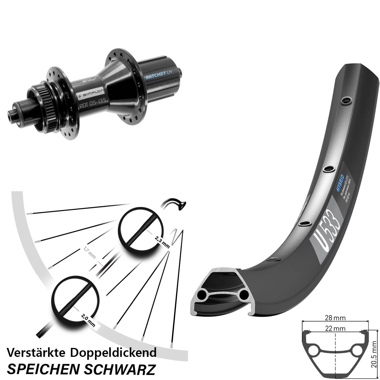 DT Swiss U 533-370 Hybrid 26 Zoll Hinterrad Centerlock für Schnellspanner 8-11 fach HG