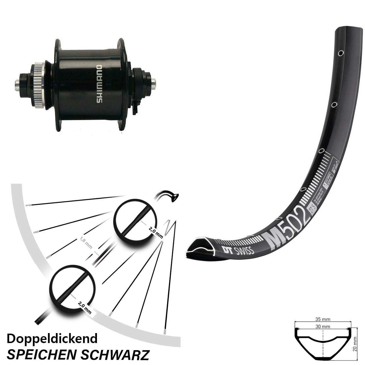 DT Swiss M 502 27,5 Zoll Vorderrad DH-UR700-3D schwarz Disc Centerlock Hohlachse