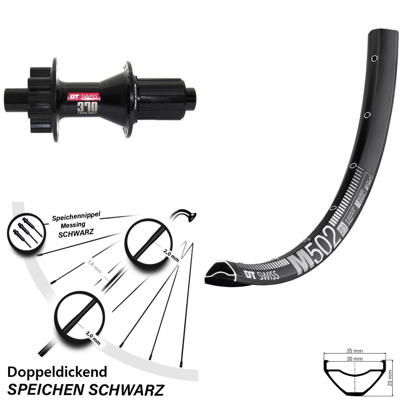DT Swiss M502-370 29 Zoll 6-Loch Hinterrad 12x142 8-11 fach