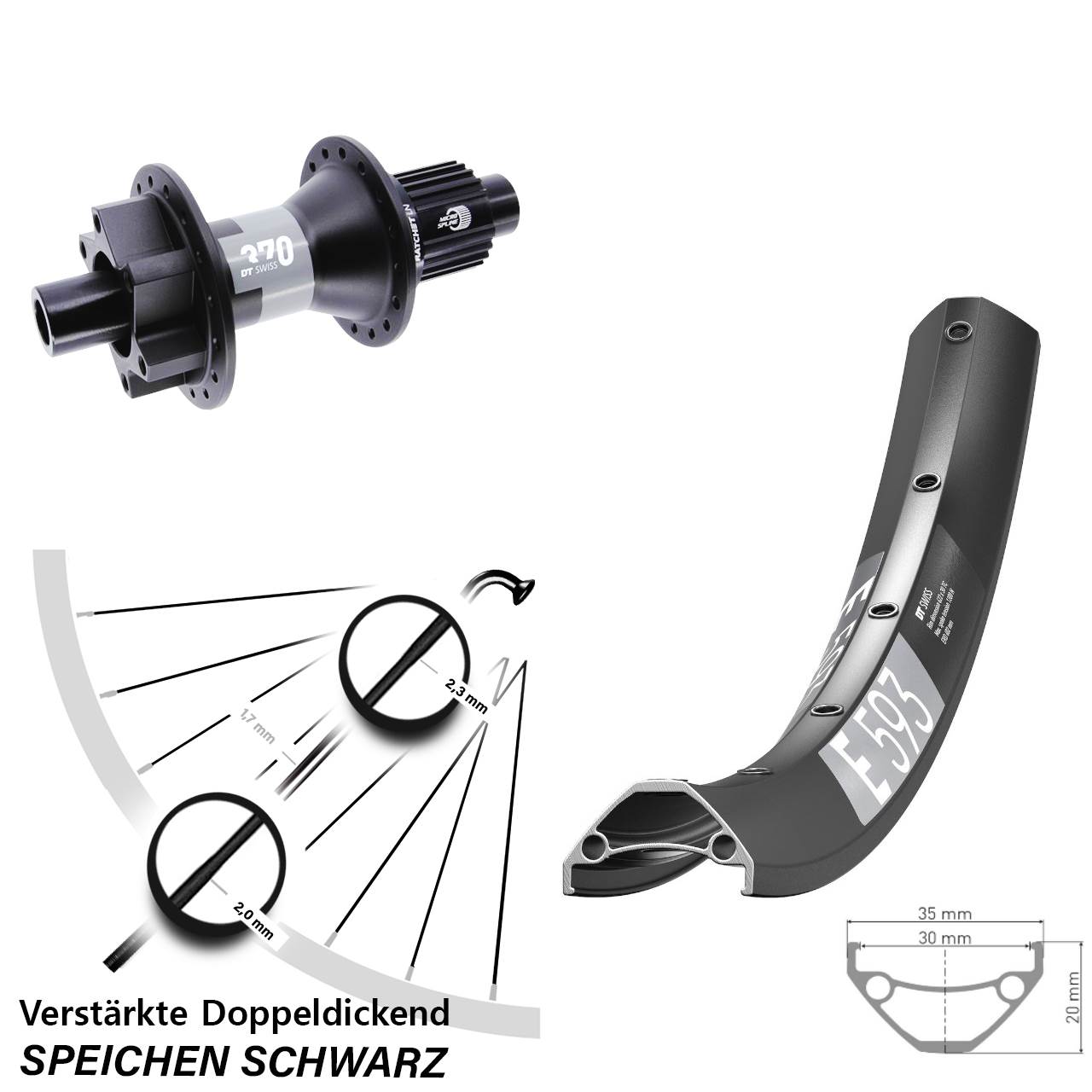 29 Zoll DT Swiss E 593-370 Hinterrad 6-Loch 12x142 Micro Spline