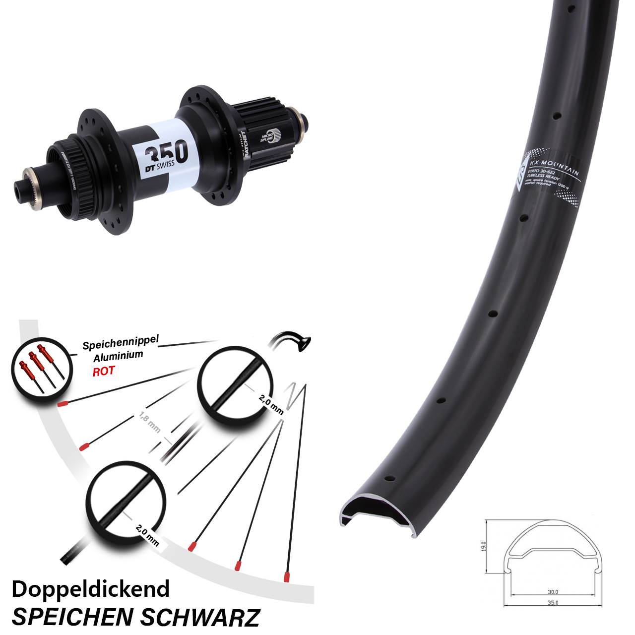 Hinterrad 29 Zoll KX Mountain DT Swiss 350 Centerlock Micro Spline QR