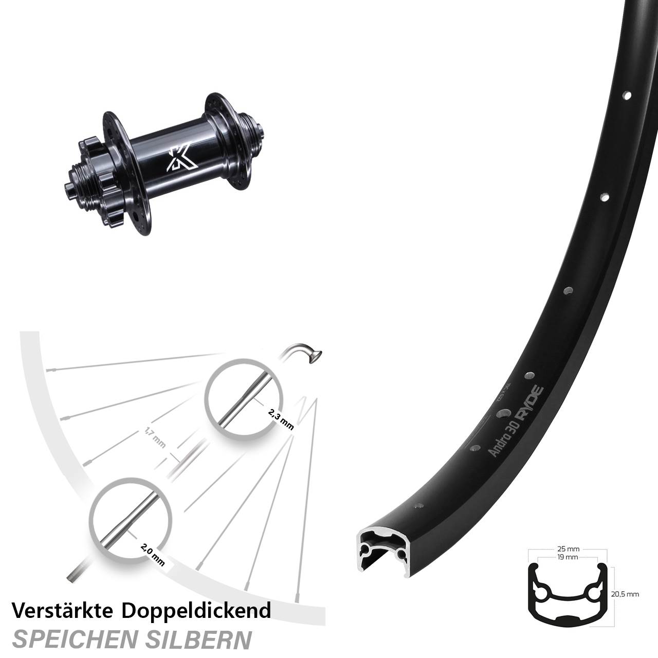 Vorderrad 6-Loch 28-29 Zoll Ryde Andra 30 Disc KX-M QR schwarz