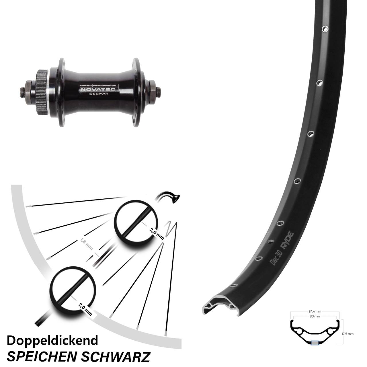 Ryde Disc 30 Novatec D471 29 Zoll Vorderrad Centerlock für Schnellspanner