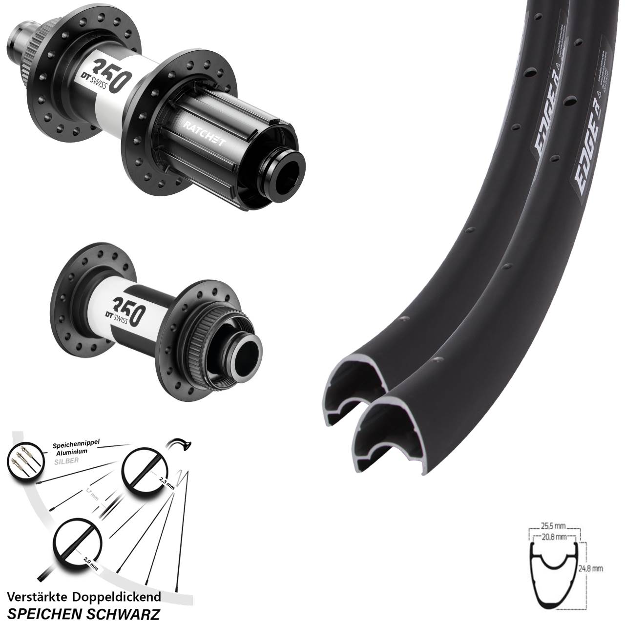 28 Zoll Ryde Edge R25 Offset DT Swiss 350 Disc Laufrad-Satz 15x100 12x142 11-12 fach