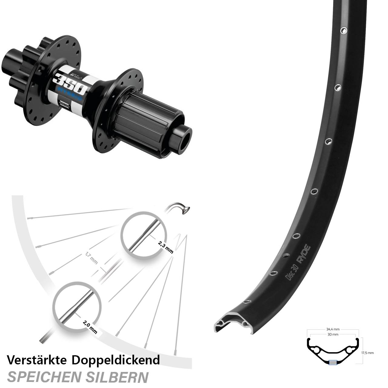 Ryde Disc 30 DT Swiss 350 Hybrid 29 Zoll Hinterrad 6-Loch 12x148 8-11 fach HG