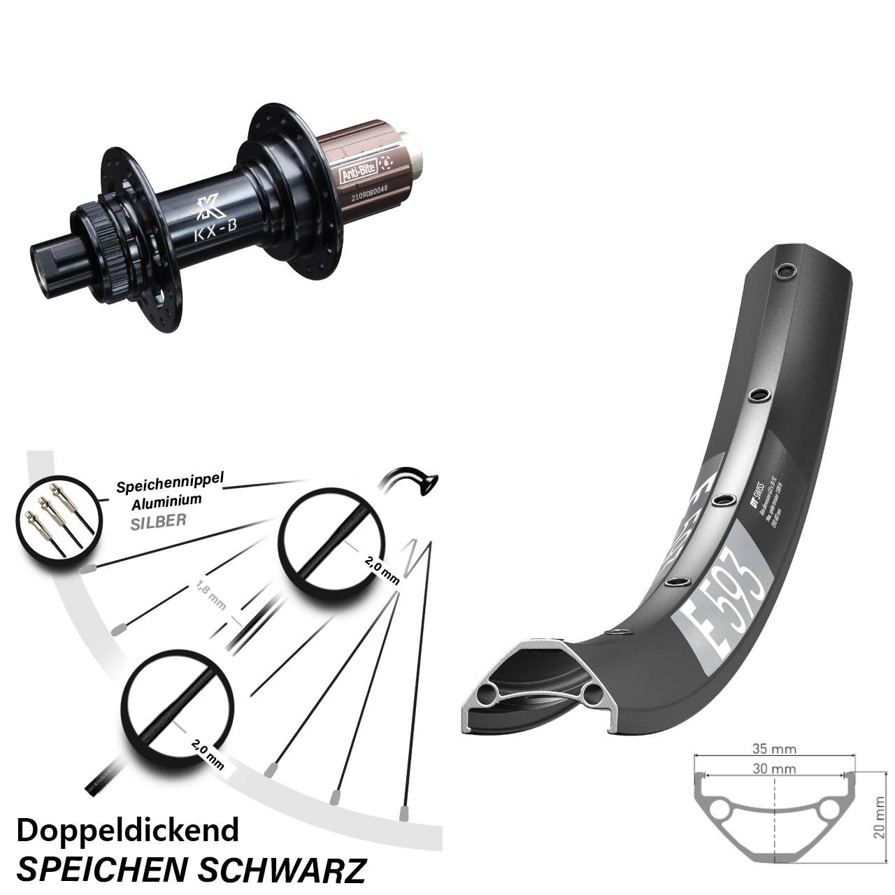 DT Swiss E593 27,5 Zoll Hinterrad KX-B Centerlock 8-12 fach 12x148
