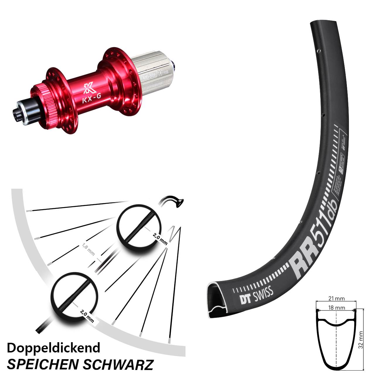 28 Zoll Hinterrad KX-G Nabe rot 5x135 mm 8-12 fach DT Swiss RR 511 DB Centerlock