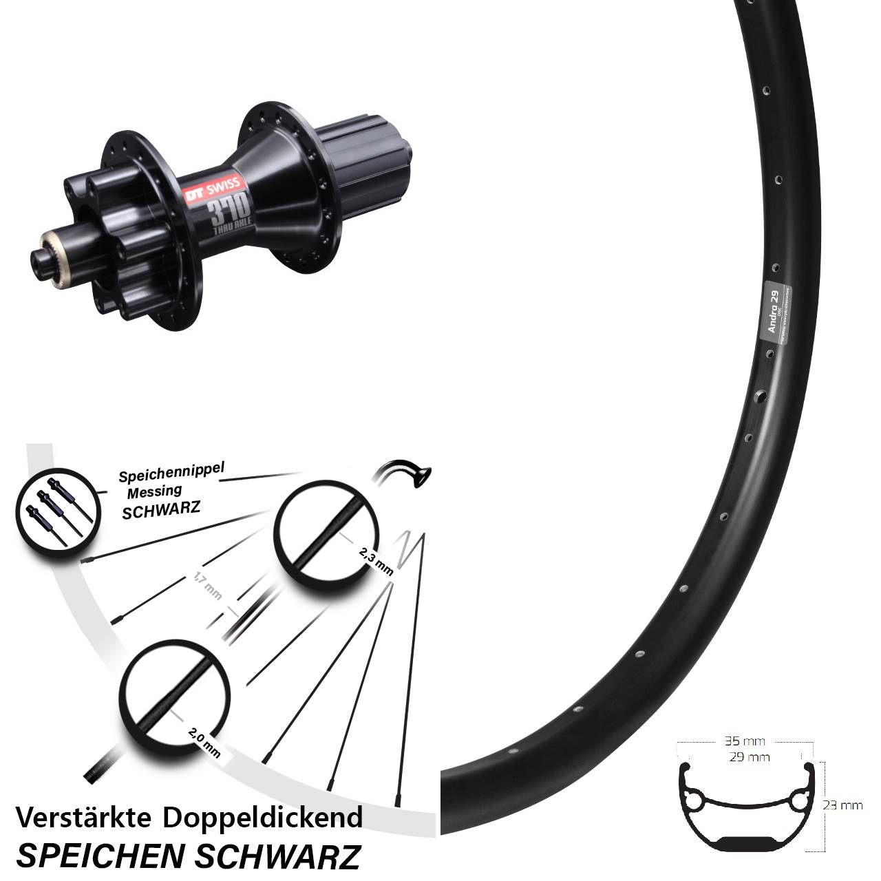 Ryde Andra 29 DT Swiss 370 20 Zoll Disc Hinterrad für Schnellspanner 8-11 fach HG