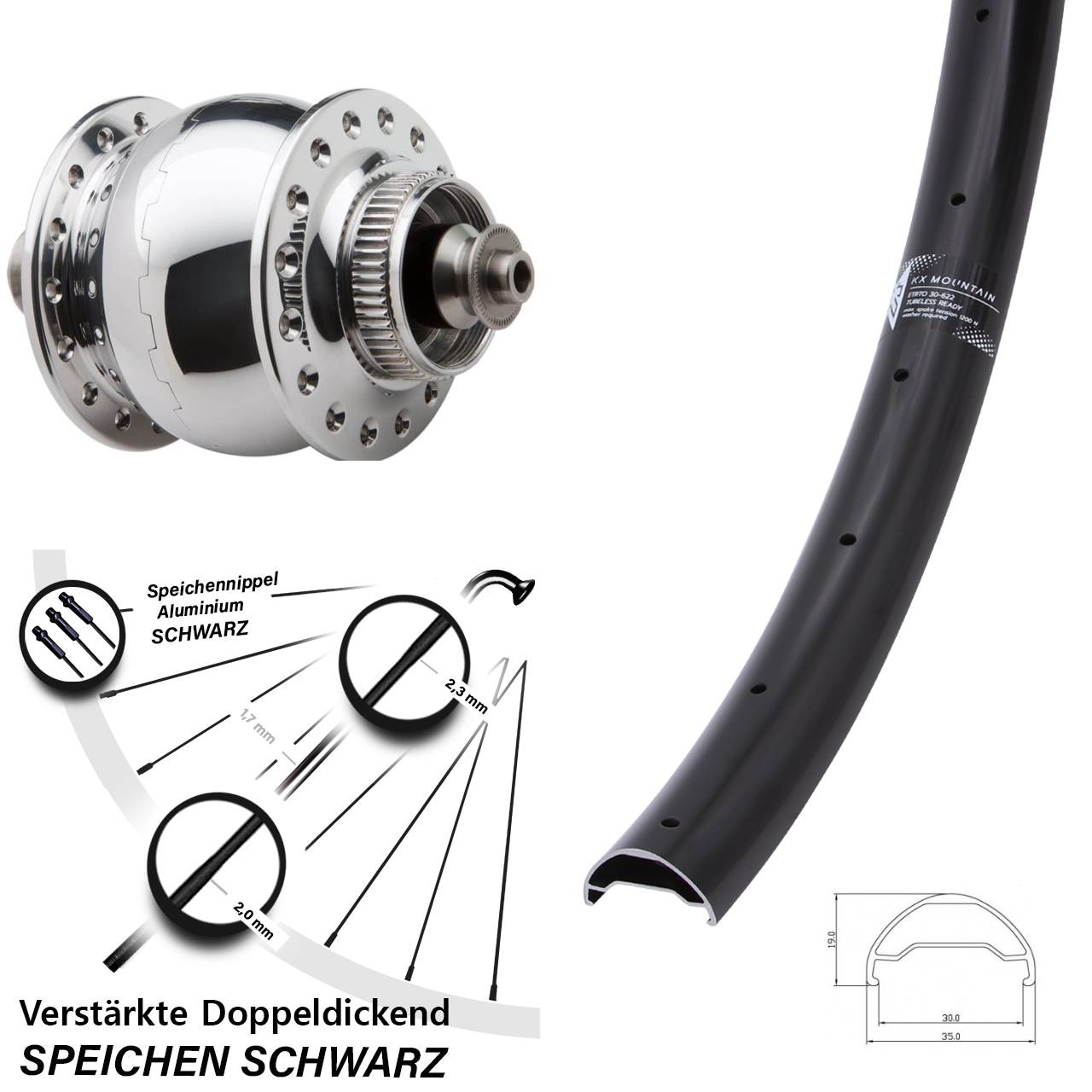 Vorderrad 29 Zoll KX Mountain TR 30-622 ETRTO Nabendynamo SON 28 Centerlock
