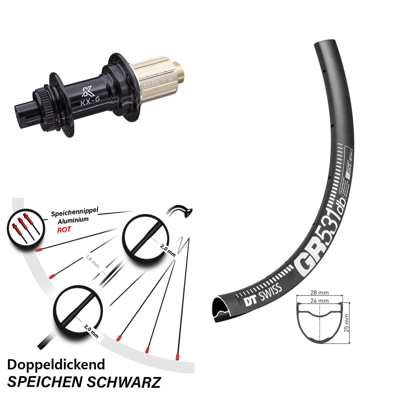 Gravel Hinterrad DT Swiss GR 531 DB Disc schwarz KX-G Steckachse 28 Zoll 8-12 fach