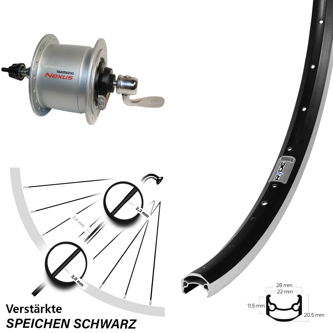 Vorderrad mit Nabendynamo 27,5 Zoll Ryde Andra 35 Shimano DH-C6000-3R QR