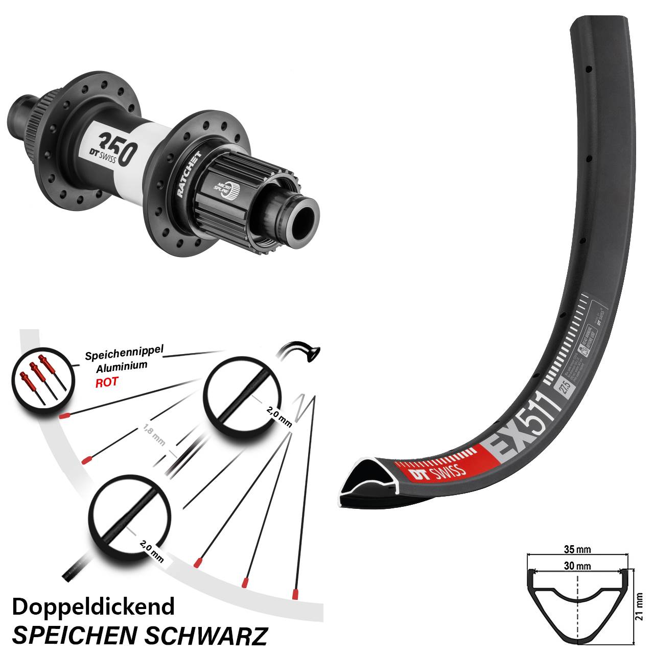 29 Zoll Hinterrad DT Swiss EX 511 Boost 350 Micro Spline Centerlock 12x148 mm