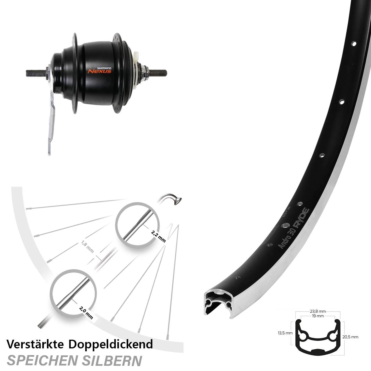 28 Zoll Ryde Andra 30 Hinterrad Shimano Nexus 8 Gang Rücktritt