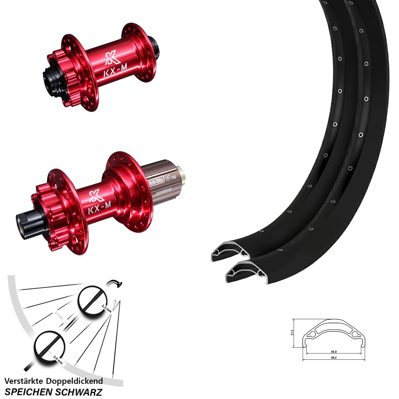 6-Loch Laufradsatz 15x100 12x142 29 Zoll Ryde Disc 35 KX-M rot 8-12 fach