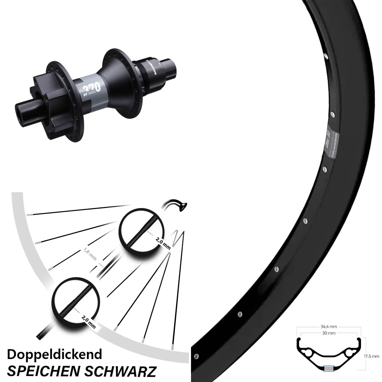 27,5 Zoll Ryde Disc 30 DT Swiss 370 Disc Hinterrad 12x142 SRAM XD