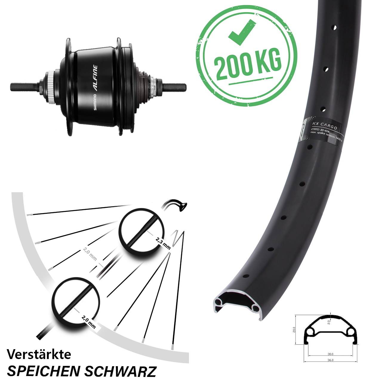 KX Cargo 20 Zoll Hinterrad Shimano Alfine 8-Gang schwarz