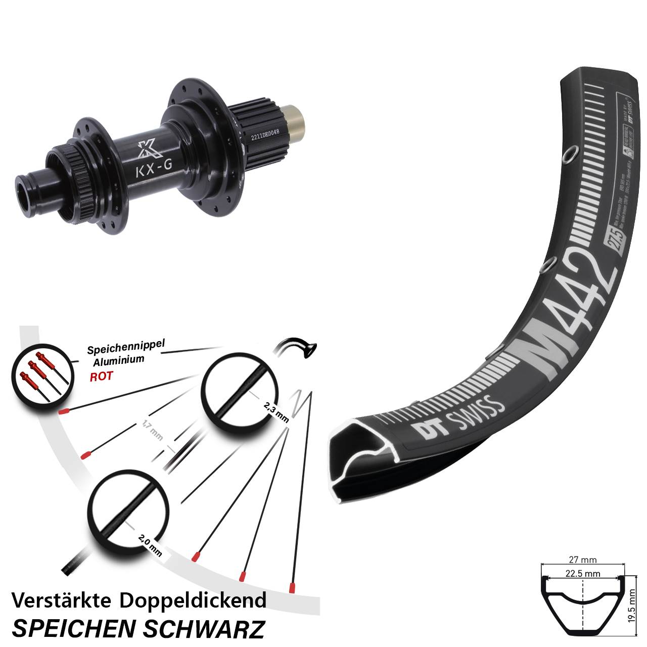 Centerlock Hinterrad 12x142 29 Zoll DT Swiss M442 KX-G Steckachse Micro Spline