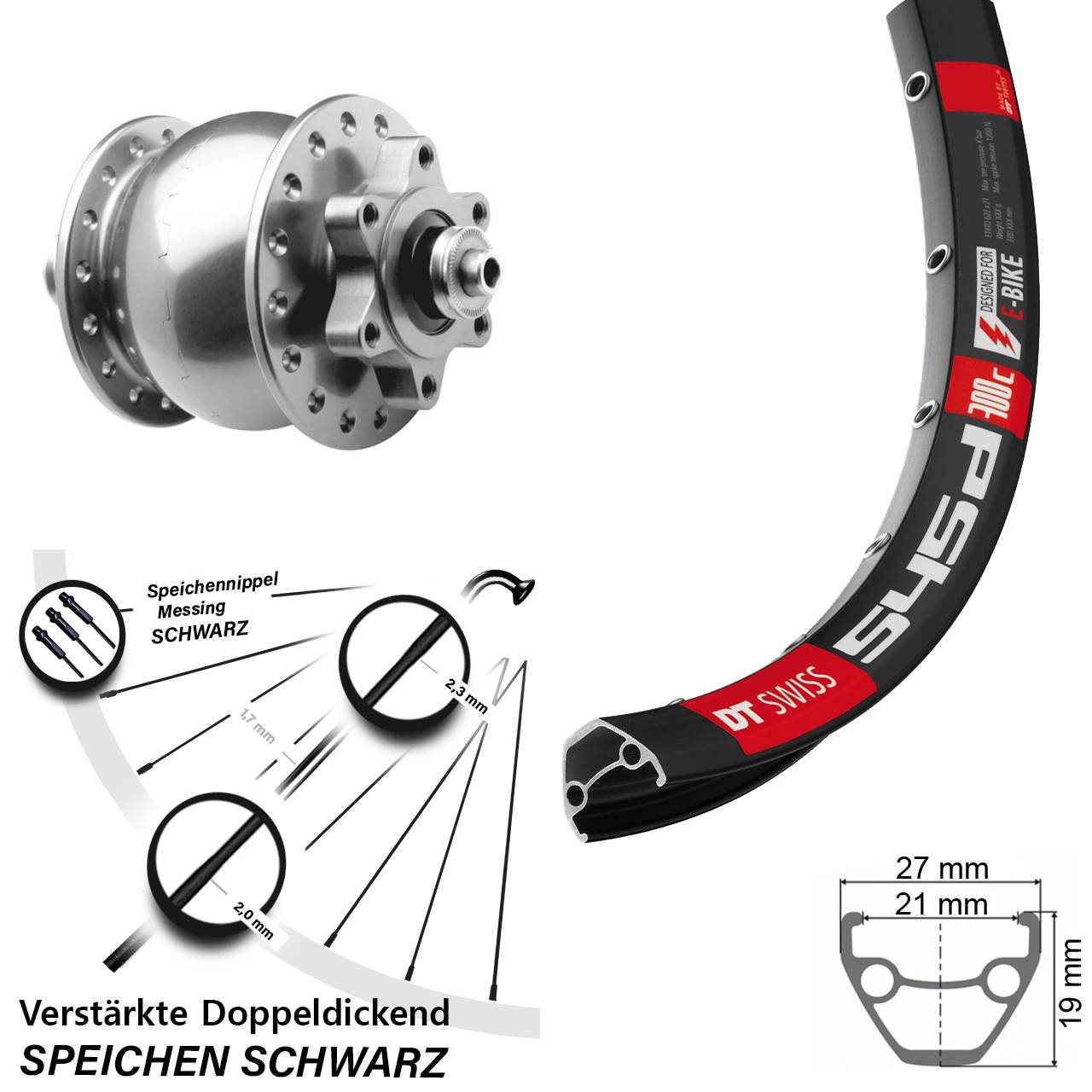 Disc Vorderrad mit Nabendynamo 26 Zoll DT Swiss 545 SON 28 silbern QR