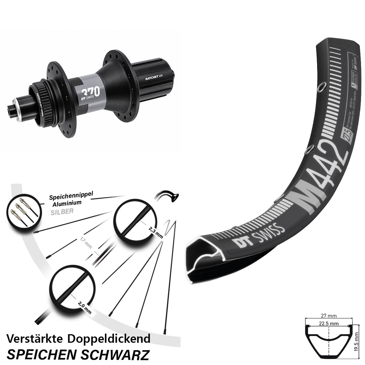28-29 Zoll DT Swiss M 442-370 Centerlock Hinterrad für Schnellspanner 8-12 fach