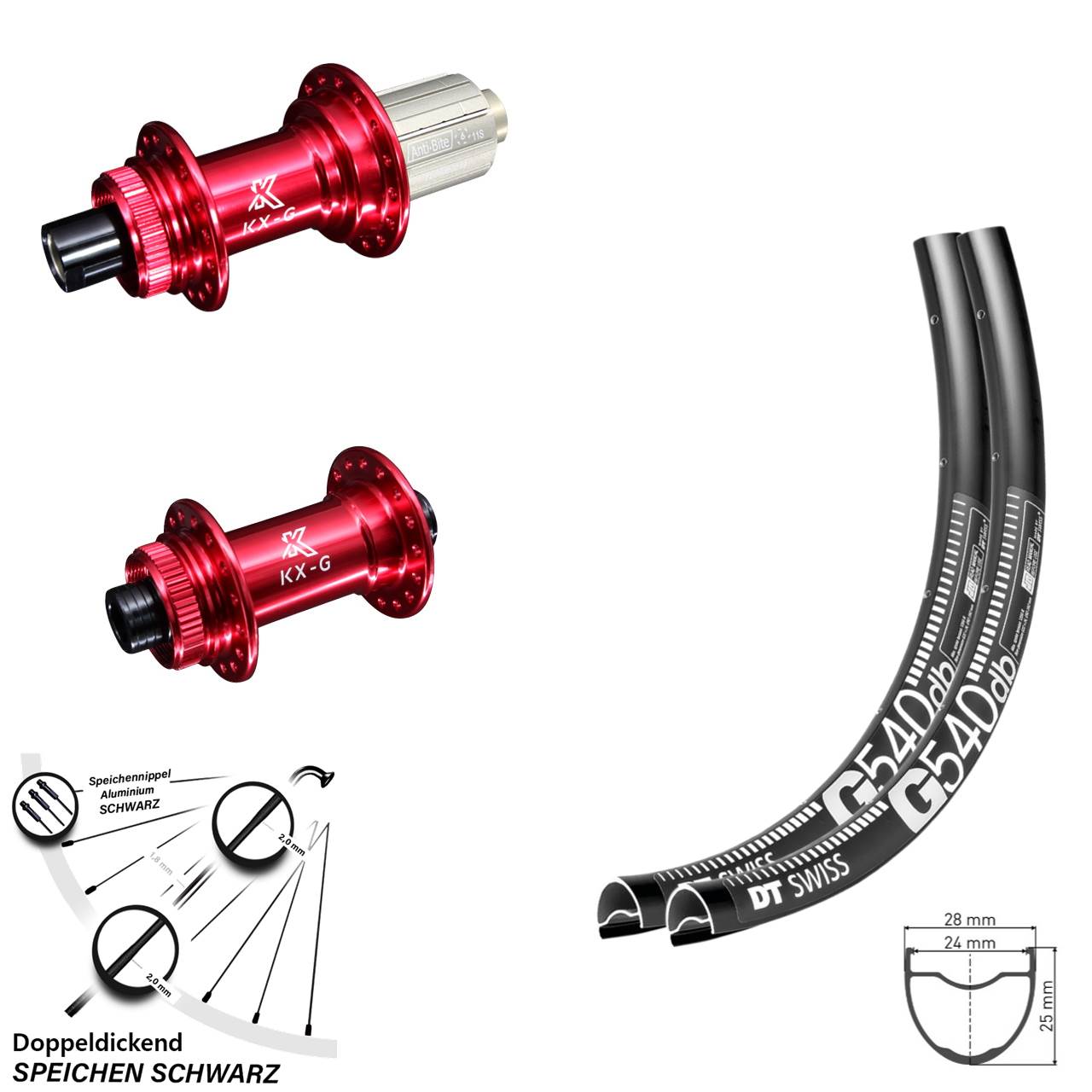 28 Zoll Gravel Laufradsatz DT Swiss G 540 KX-G rot-eloxiert 8-12 fach Centerlock