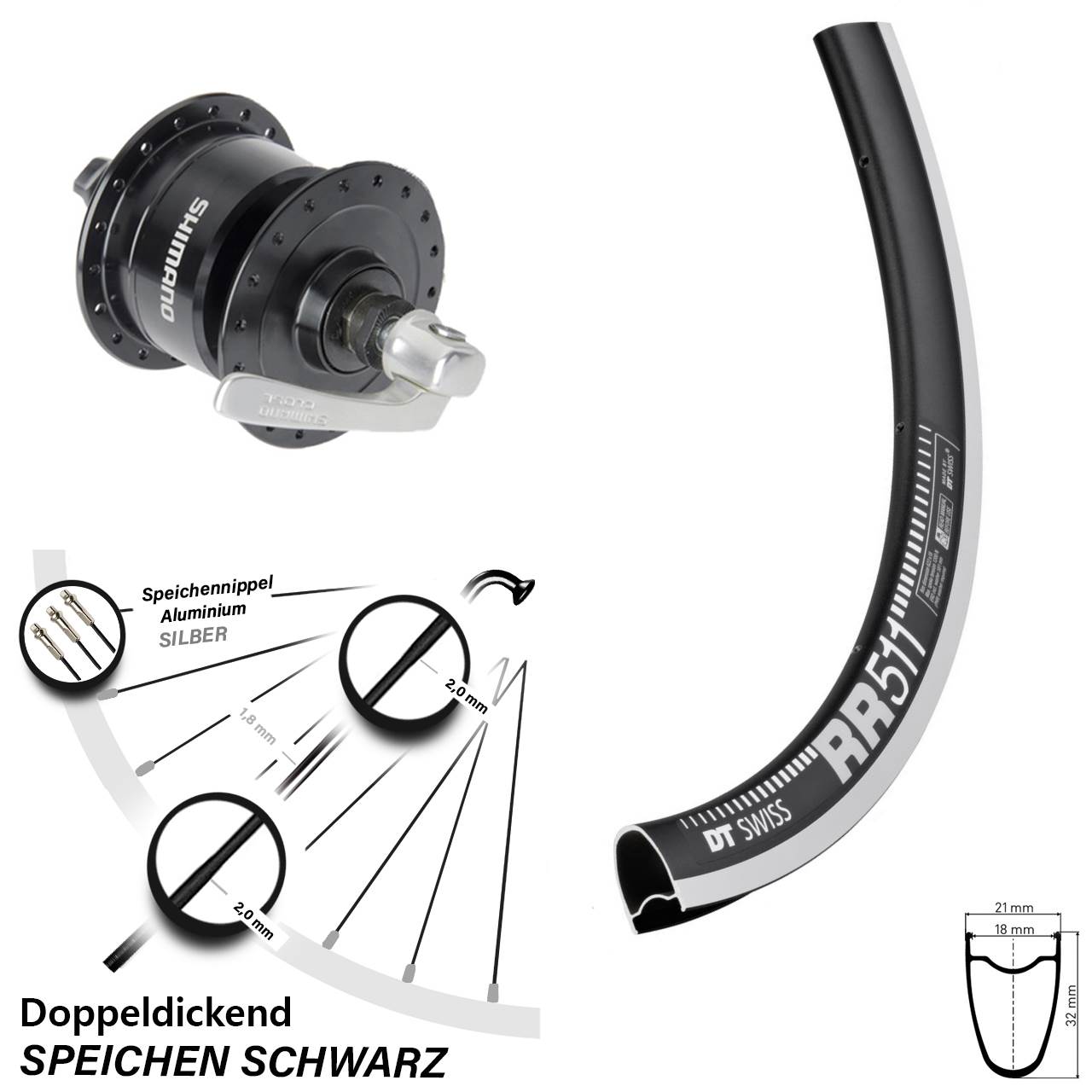 Nabendynamolaufrad für Schnellspanner 28 Zoll DT Swiss RR511 Shimano DH-3N72