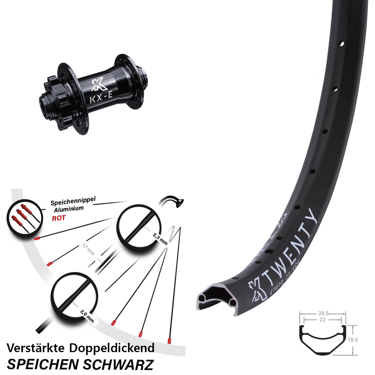Vorderrad Cargo light 15x100 mm Steckachse 6-Loch KX-E Twenty 20 Zoll schwarz