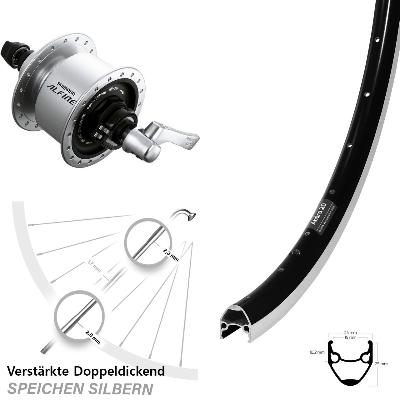 Vorderrad mit Nabendynamo 28 Zoll Ryde Andra 20 Shimano Alfine QR