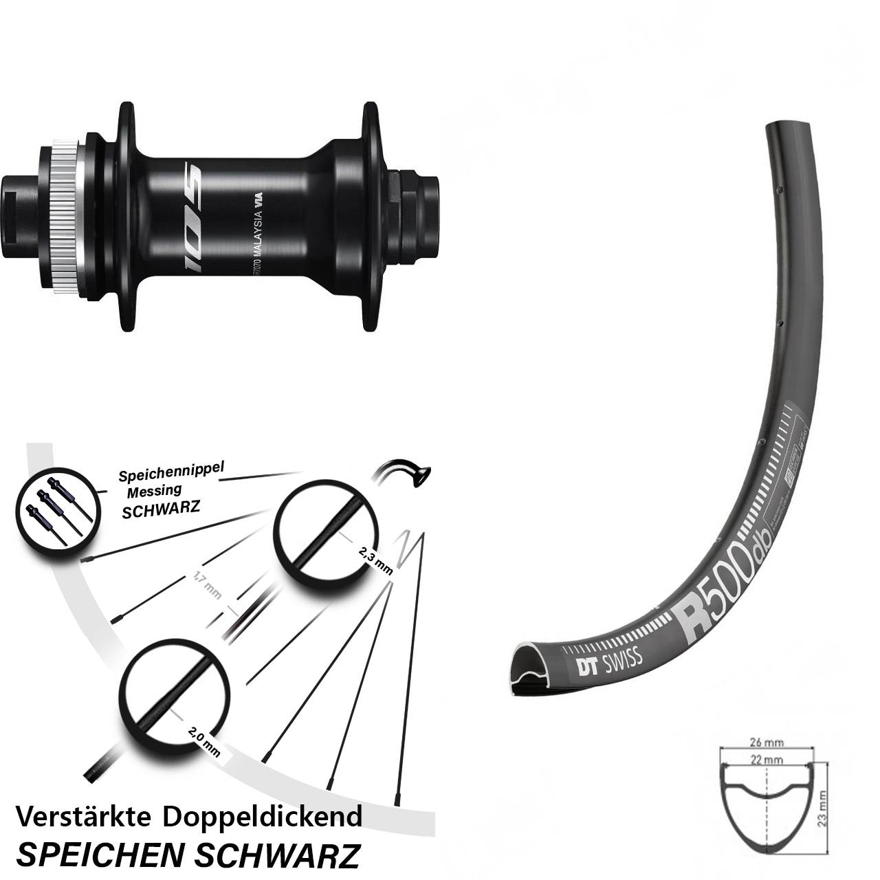 Shimano 105 HB-R7070 DT Swiss R 500 Vorderrad Road Disc 28-29 Zoll 12x100 mm