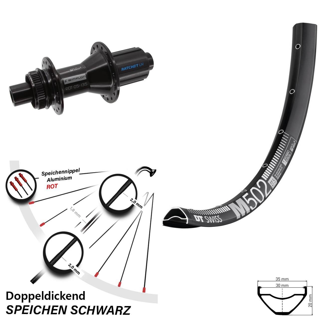 Disc Hinterrad 29 Zoll DT Swiss M 502-370 Hybrid 8-11 fach HG 12x142