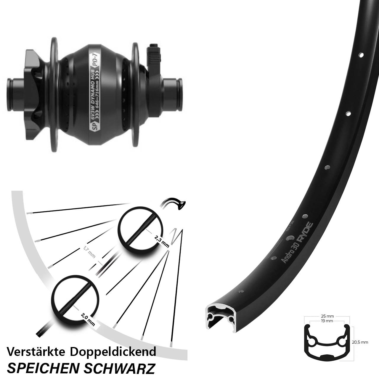 Nabendynamovorderrad 6-Loch 28 Zoll Ryde Andra 30 Shutter PD-7 12x100