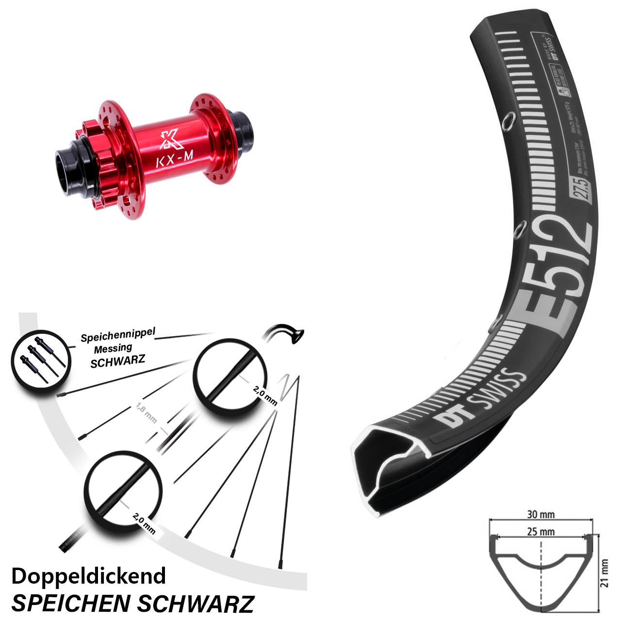 27,5 Zoll DT Swiss E512 KX-M rot 6-Loch Vorderrad 20x110 non Boost