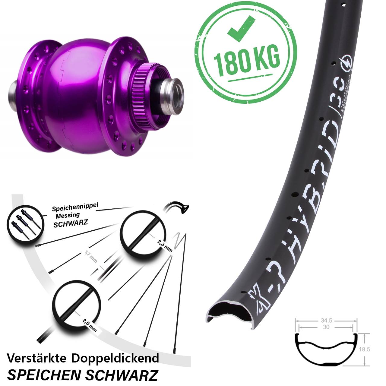 Disc Nabendynamovorderrad 29 Zoll KX-R Hybrid 30 SON 28 violett 12x100