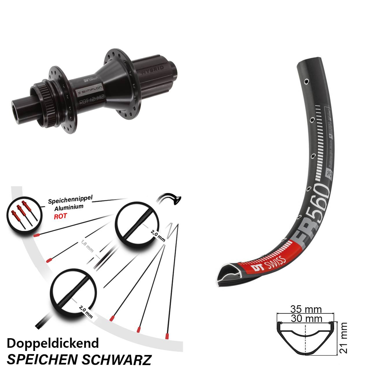Centerlock Hinterrad 12x142 26 Zoll DT Swiss FR 560-370 Hybrid 8-11 fach