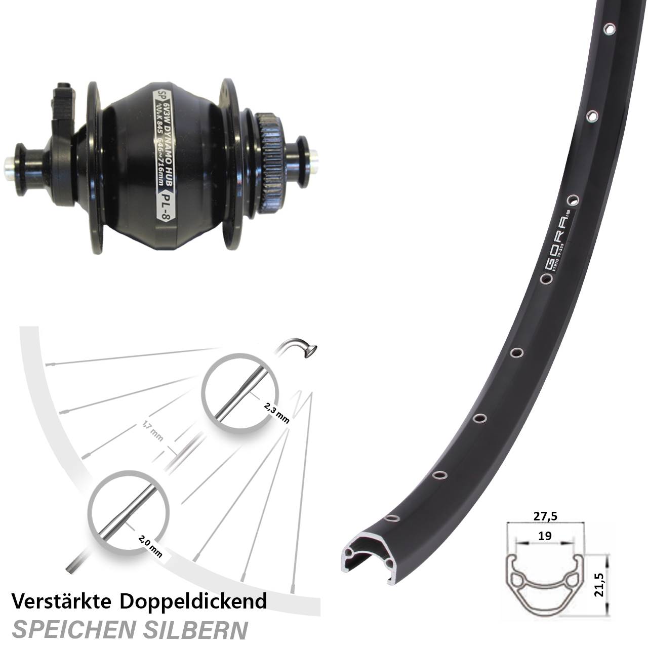 28 Zoll Gora 19 SP PL-8 Centerlock Vorderrad mit Nabendynamo für Schnellspanner
