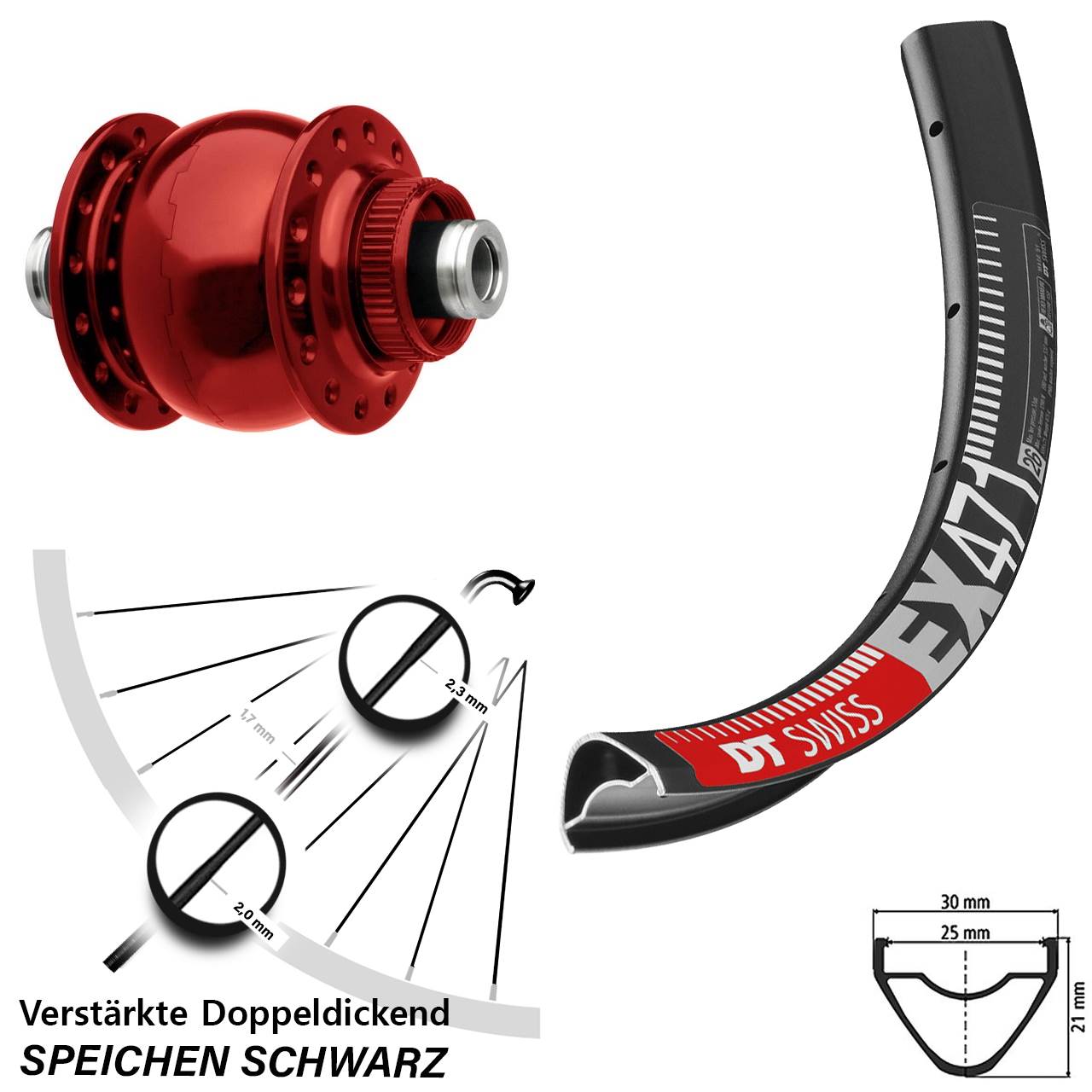 27,5 Zoll DT Swiss EX 471 SON 28 rot Disc Nabendynamolaufrad 12x100