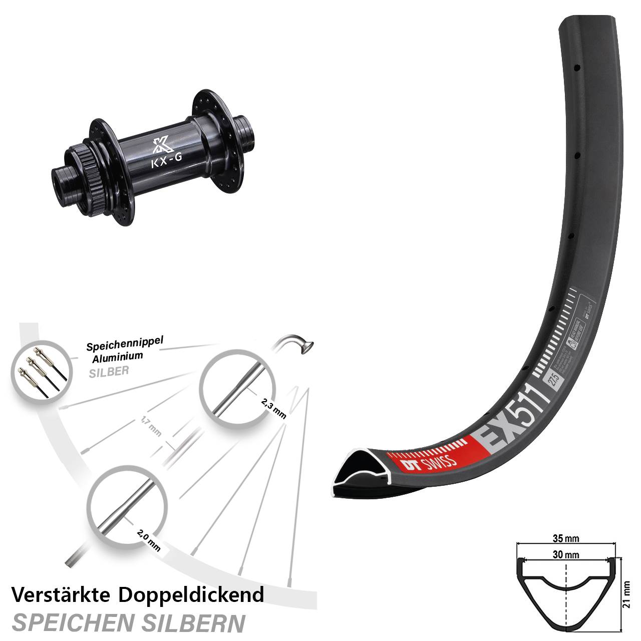 verstärktes 29 Zoll Vorderrad DT Swiss EX 511 mit KX-G Steckachse 15x100 Nabe