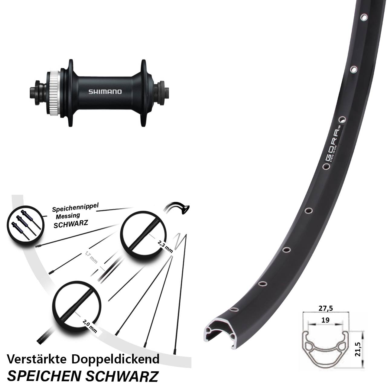 Disc Laufrad 27,5 Zoll Gora 19 Shimano HB-M4050 für Schnellspanner