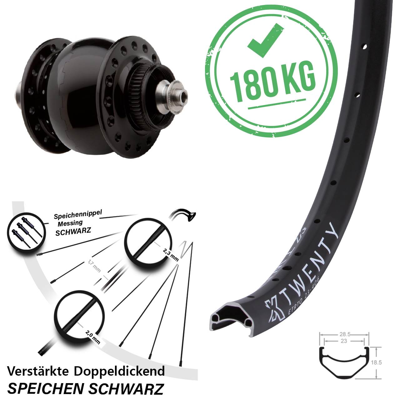 Nabendynamo-Vorderrad Centerlock 20 Zoll KX Twenty SONdelux für Schnellspanner