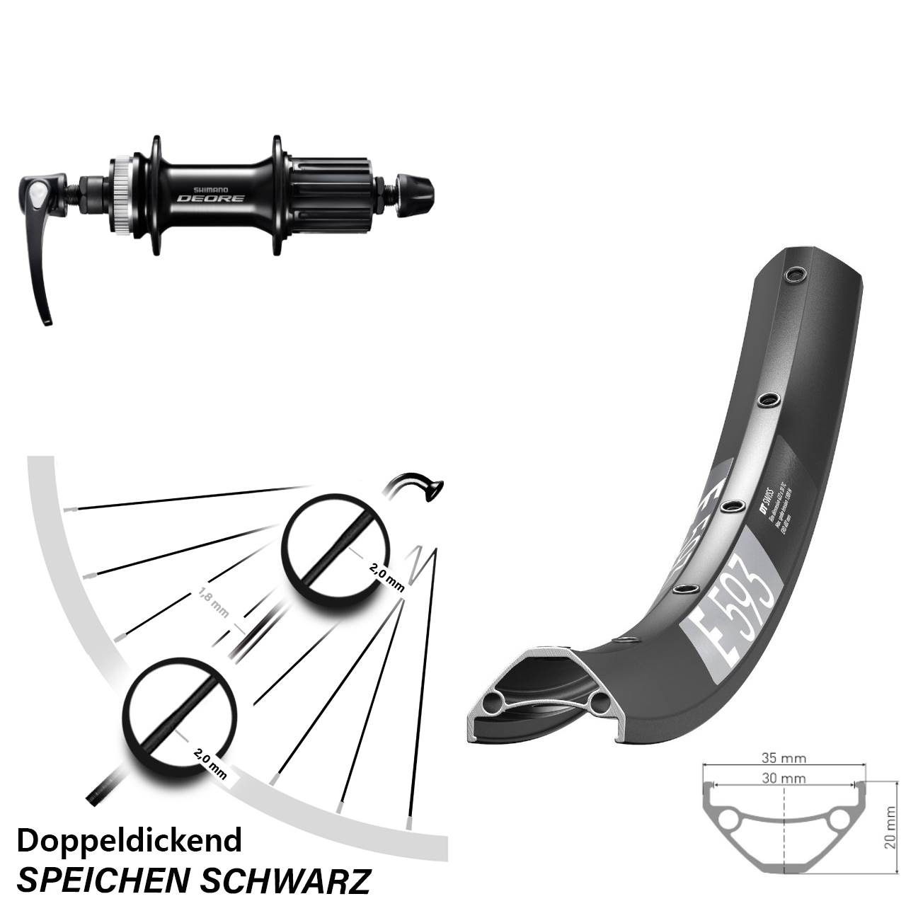 29 Zoll DT Swiss E 593 Shimano FH-M6000 Disc Laufrad für Schnellspanner 8-11 fach HG