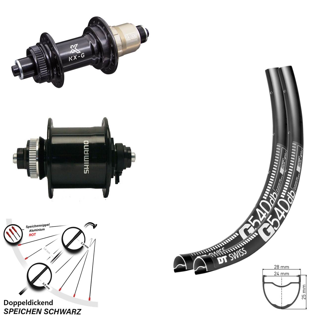 28 Zoll Laufradsatz Dynamo DT Swiss G 540 Nabe KX-G Sram XD-R Shimano DH-UR 705-3D