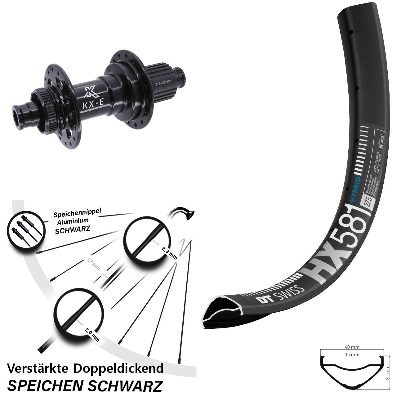 DT Swiss HX 581 KX-E Heavy Duty 27,5 Zoll Disc Laufrad 12x148 Boost Micro Spline