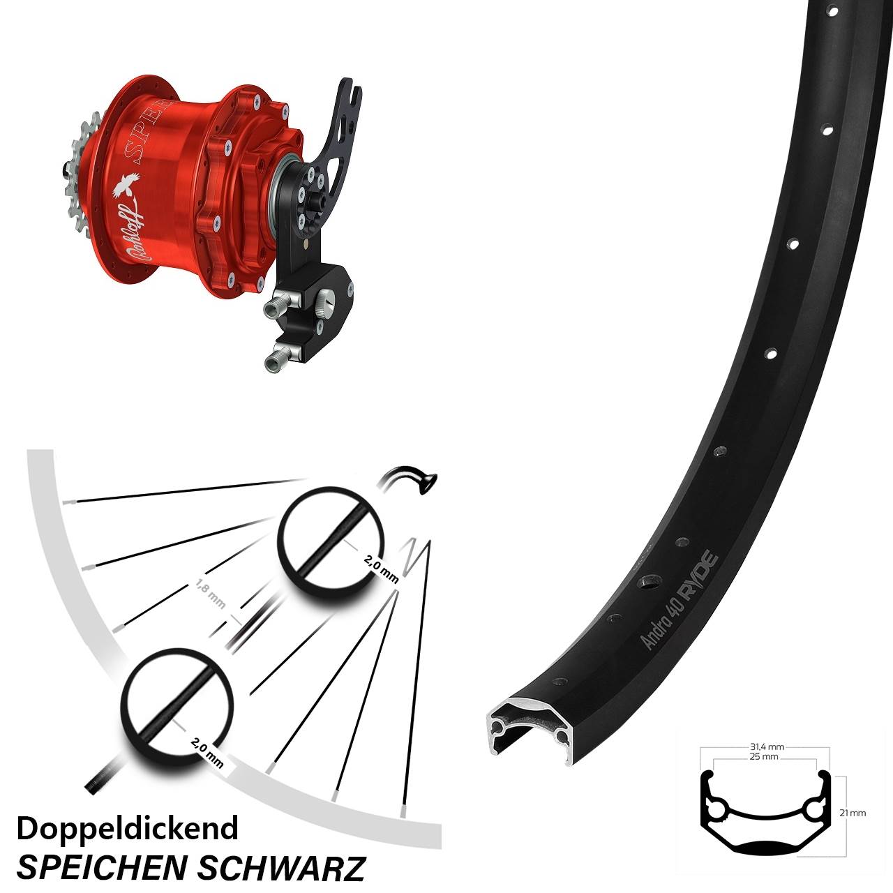Ryde Andra 40 Rohloff Speedhub CC DB PM rot 27,5 Zoll Disc Hinterrrad